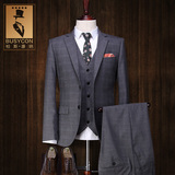 格子西装男夏季薄款灰色西服套装两粒扣西装男套装商务正装三件套