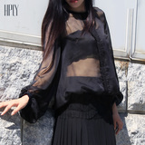 HPLY(荷比俪)新款性感时尚女装黑色纯色灯笼袖透视长袖宽松雪纺衫