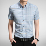 CS品牌夏款韩版修身纯棉格子青年短袖衬衫男士加大码棉麻半袖衬衣
