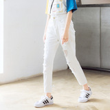 2016夏季韩版新款时尚高腰显瘦纯色白色大码破洞牛仔裤九分裤