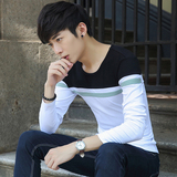 青少年长袖t恤男学生韩版修身条纹圆领打底衫秋季流行男装秋衣服
