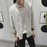 日系复古文艺男生衬衫2016春装新款修身立领纯棉长袖休闲格子衬衣