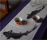 斗贤桌旗中国风手绘桌旗 现代亚麻茶席茶几布 中式棉麻床席床尾巾