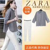 zara女装正品2015夏季新款时尚灰色格子衬衫修身白色长裤休闲套装