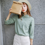 长袖衬衫女秋季学生韩版女装上衣纯棉宽松纯色打底休闲立领白衬衣