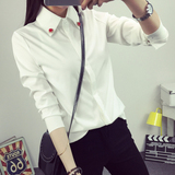 2015秋冬韩版钉珠长袖女加绒加厚衬衣水钻领子OL打底白色雪纺衬衫