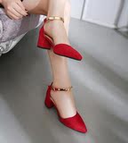 金属条一字扣带尖头高跟鞋女中空5cm粗跟新款单鞋大红色婚鞋女