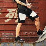 2015欧美高端街头短裤 BIKER机车拼皮黑白撞色夏季运动潮流休闲裤