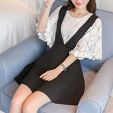 2016夏季韩版两件套喇叭袖打底蕾丝衫女短款上衣背带连衣裙套装裙