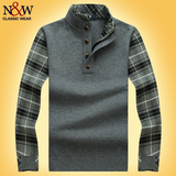 N＆W冬季青中年男士羊毛衫加厚可翻高领毛衣 假两件毛衣男针织衫
