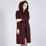 2015冬装新款 林芮格LY5W-YD6161 韩版连帽格子长款羊绒大衣 女