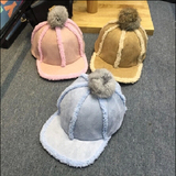 韩国麂皮绒兔毛球球骑士帽子 棒球帽女加厚鸭舌帽潮平沿帽冬保暖
