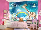 3d环保大型绿色壁画儿童房卡通墙纸客厅电视背景墙壁纸长颈鹿彩虹