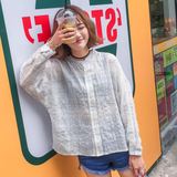 2016夏季新款韩版学院风棉麻格子衬衫宽松蝙蝠袖防晒衣女学生衬衣