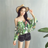 夏季新款韩版女装气质宽松高腰型超短款露脐显瘦一字领衬衫+B83