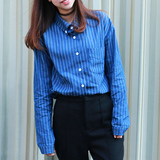 XQUEEN韩国春季女主角赶脚的清新蓝条纹衬衫女长袖打底牛仔衬衣