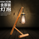 kc灯具现代简约支架原木实木台灯爱迪生灯泡小铁笼铁艺灯罩台灯