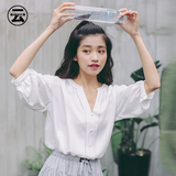 2016夏装新款韩版纯色宽松灯笼袖显瘦V领套五分袖衬衣女雪纺衬衫