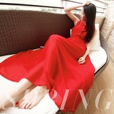 新品简约红色修身显瘦连衣裙 收腰绑带雪纺纯色大摆连衣沙滩长裙