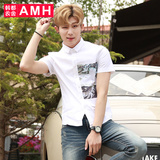 AMH男装韩版2016夏季新款时尚青年修身印花白色短袖衬衫男衬衣燑