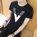 夏季潮流短袖体恤衫男士韩版纯色印花修身圆领短袖t恤青少年衣服