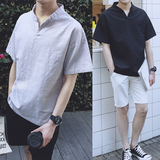 夏季新款韩版男装男士休闲宽松纯色立领短袖T恤潮男纯棉半袖衣服