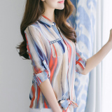 2016春季新款韩版大码宽松显瘦印花条纹雪纺衫女装长袖衬衫上衣潮