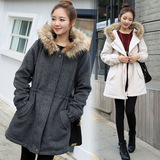 2015年韩版冬季新款抽绳夹棉羊毛呢大衣中长款毛领休闲呢子外套女