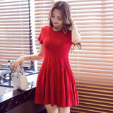 NIAT2016夏季新款女装修身红色针织A字裙打底连衣裙短裙小红裙秋