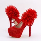 红色蕾丝花朵超高跟婚鞋珍珠吊坠细跟礼服女单鞋圆头防水台新娘鞋
