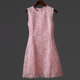 2016夏新款 法国高端无袖圆领蕾丝打底连衣裙修身粉色A字短裙子女