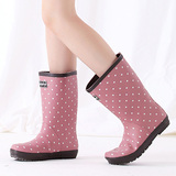 日系粉红色时尚可爱胶鞋 波点中筒雨靴 女士雨鞋水鞋
