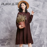 Pukka/蒲牌2016秋装新款原创设计大码女装褶皱肌理亚麻长袖连衣裙