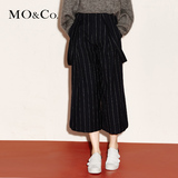 MO&Co.羊毛呢条纹背带宽松七分裤中裤休闲阔腿裤MA154CAS14 moco