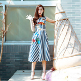 韩国代购2016夏季女装宋慧乔同款海军风 连衣裙长裙条纹显瘦气质