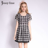 jessy line2015夏装新款 杰茜莱百搭显瘦格子雪纺泡泡短袖连衣裙