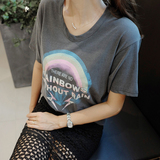 swan韩国女装代购夏款 洋气Rainbow彩虹图案宽松舒适百搭T恤