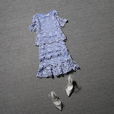 欧洲站女装2016夏季新款时尚镂空蕾丝衫修身半身裙鱼尾裙套装女