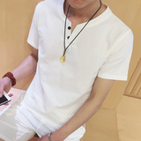 男短袖T恤 v领纯色体恤夏季日系亚麻修身韩版半袖上衣服棉麻t恤潮