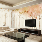 手绘树林大型壁画 客厅电视背景墙壁纸 温馨卧室房间装修铺满墙纸