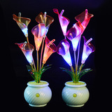 彩色闪光LED小花灯 学生创意礼品仿真花朵花盆塑料摆件卧室小夜灯