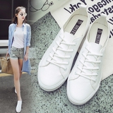 夏季女士小白鞋系带皮面帆布鞋黑白色平底休闲鞋韩版学生布鞋板鞋