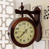 钟实欧式电池挂钟双面木 钟表创意时尚田园客厅时钟 玻两面钟石英