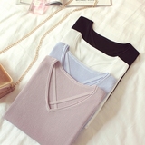 夏季韩版交叉纯色V领短款冰丝针织衫套头短袖T恤女修身打底薄上衣