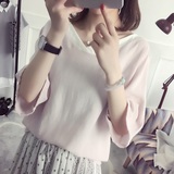 2016夏季中袖t恤女韩版圆领纯色学院风五分袖打底衫女装半袖上衣