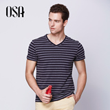 OSA欧莎男士短袖T恤男装 修身时尚V领黑白条纹体恤衣服潮流B11196
