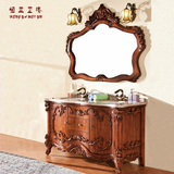 现代欧式浴室柜大理石雕花洗手盆美国红橡木落地仿古卫浴镜柜组合