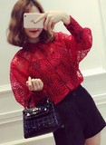 2016女时尚春装新款韩版灯笼袖宽松蕾丝衫衬衫+打底衫 套装