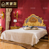 芙蓉居 欧式床双人床奢华实木雕花床新古典结婚床美式真皮卧室床