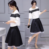 夏季套装女 两件套 18-24周岁 韩版短袖中裙高腰修身黑白女装潮